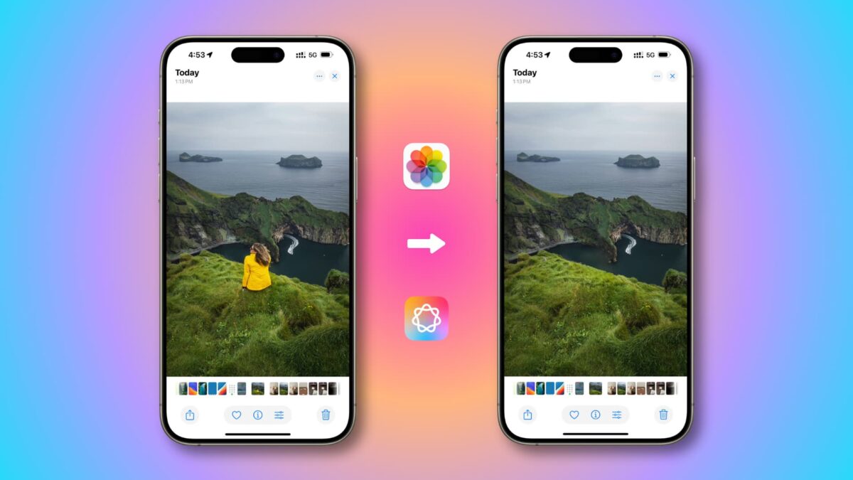 iPhoneの写真アプリでAI編集ツールを使用している操作画面