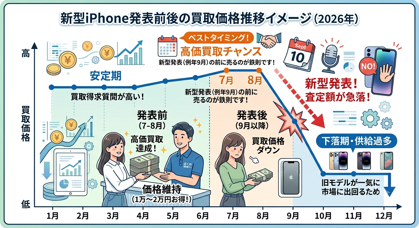iPhoneの月別買取価格推移と下落タイミングの概念図