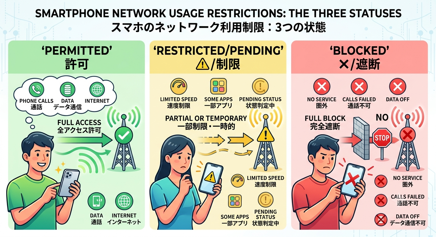 スマホと基地局の間で通信制限がかかるイメージを表した図解イラスト