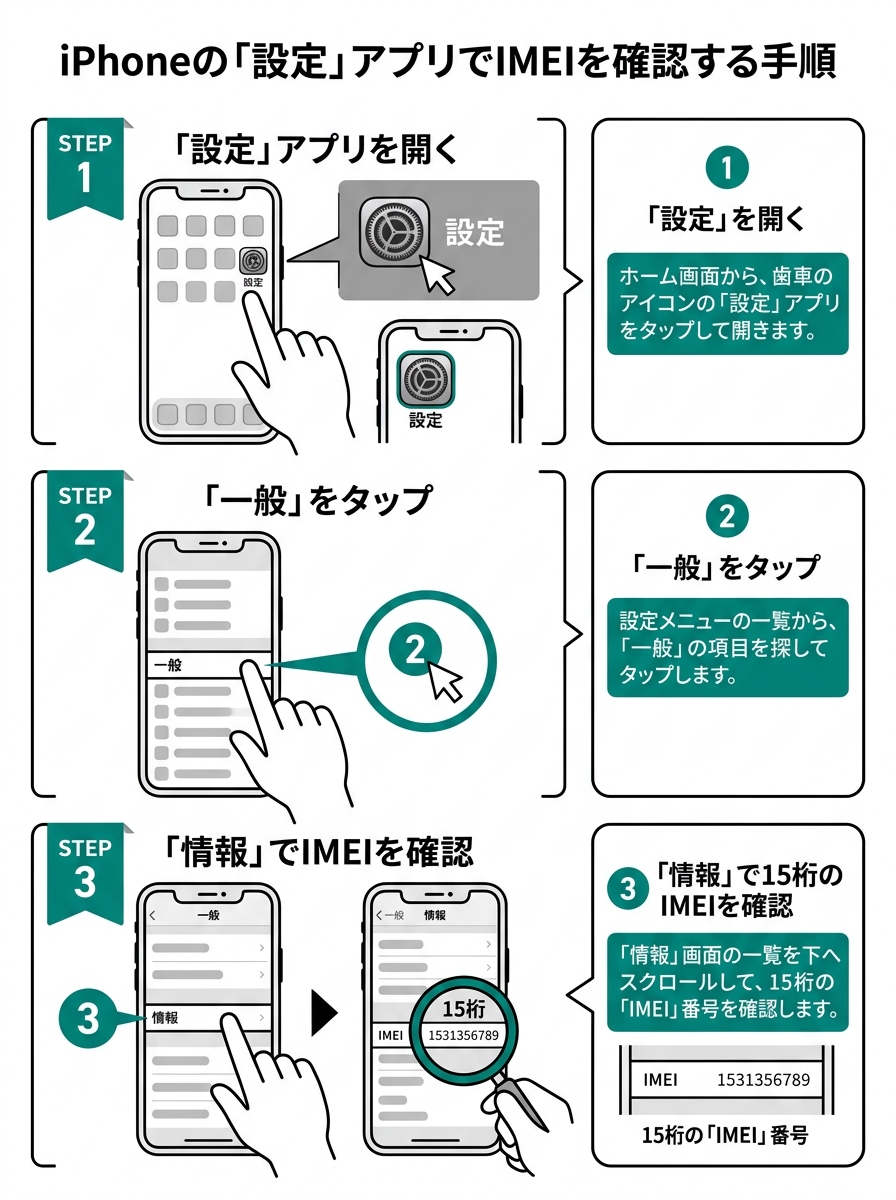 iPhoneの設定画面から一般、情報と進んでIMEIを確認する3ステップの手順