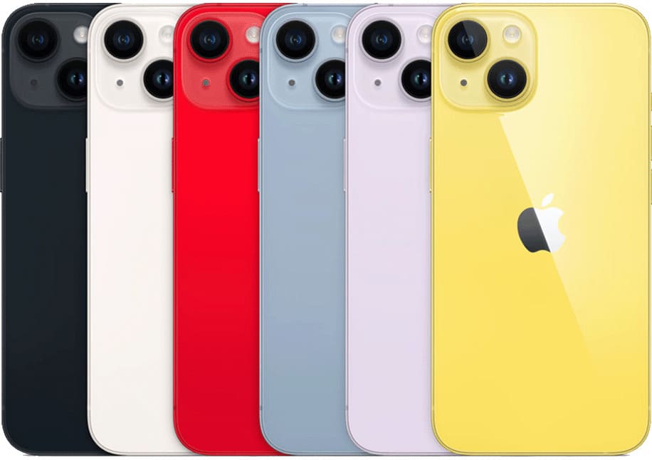 iPhone 14のカラーバリエーション（ミッドナイト・スターライト・ブルー・パープル・(PRODUCT)RED・イエロー）