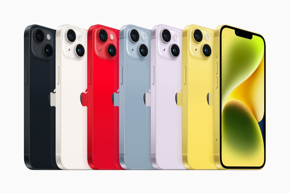 iPhone 14 Plusのカラーバリエーション（ミッドナイト・スターライト・ブルー・パープル・(PRODUCT)RED・イエロー）